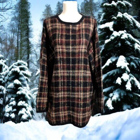 Vintage Mohair Blend Plaid Sweater XL Brown Oversized Boxy Academia Grandpa 80s - Picture 9 of 16
